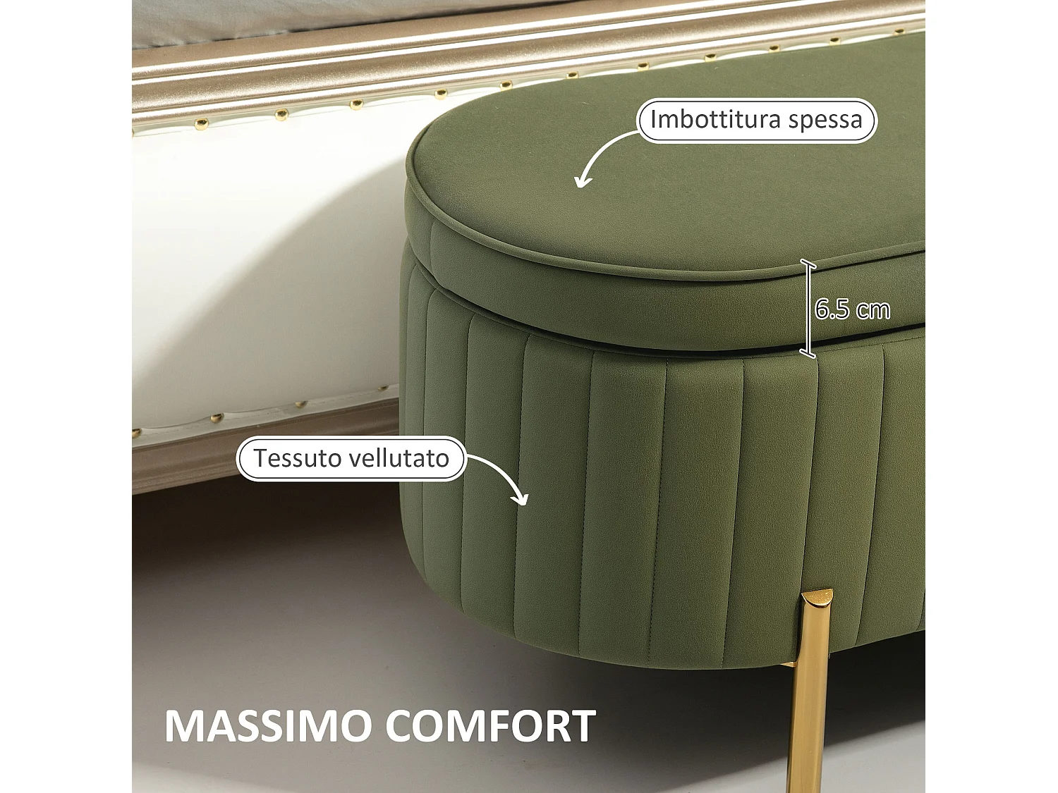 Panca contenitore ovale da 72l in tessuto effetto velluto verde