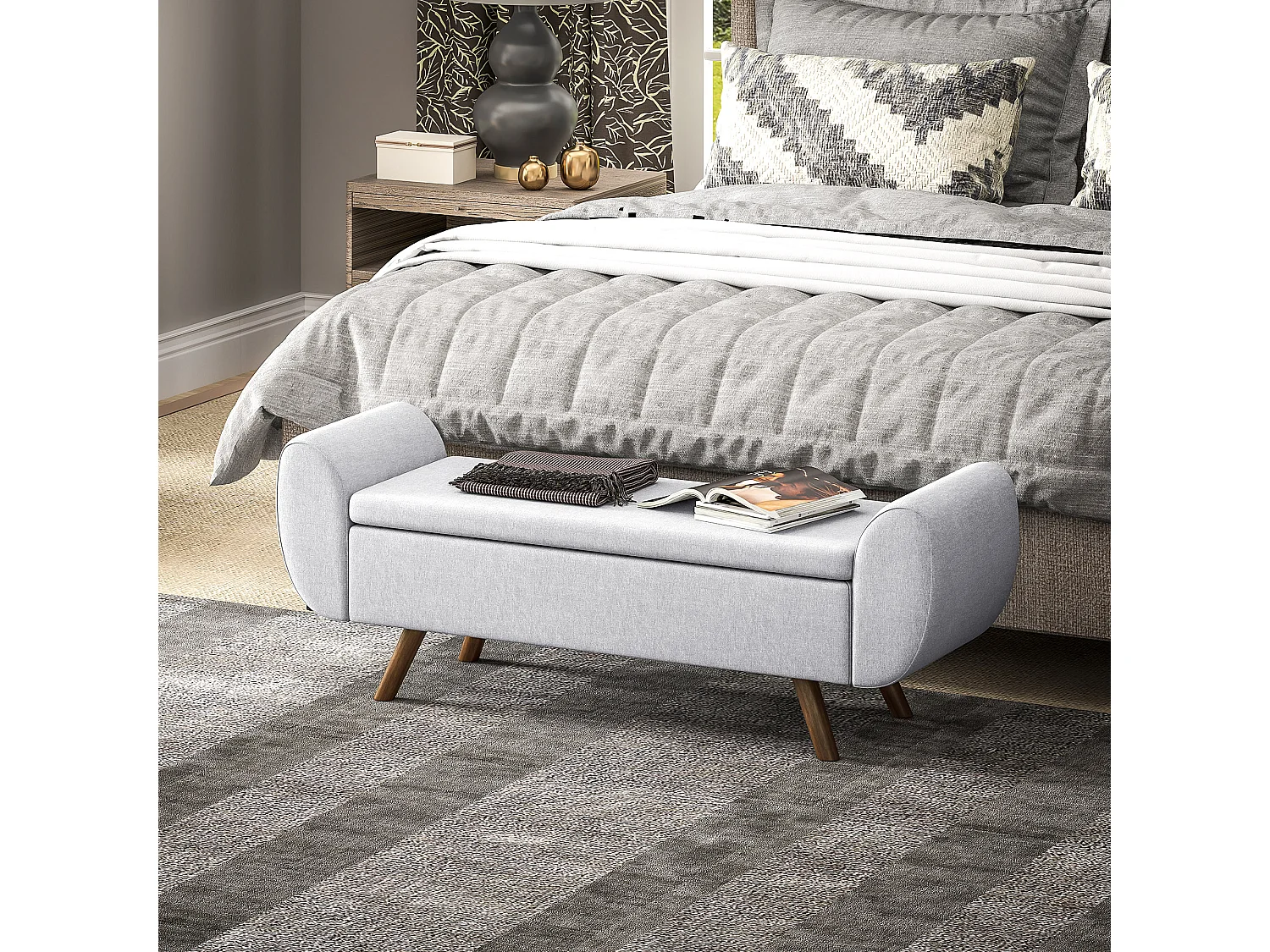 Panca contenitore con braccioli e imbottitura in tessuto grigio