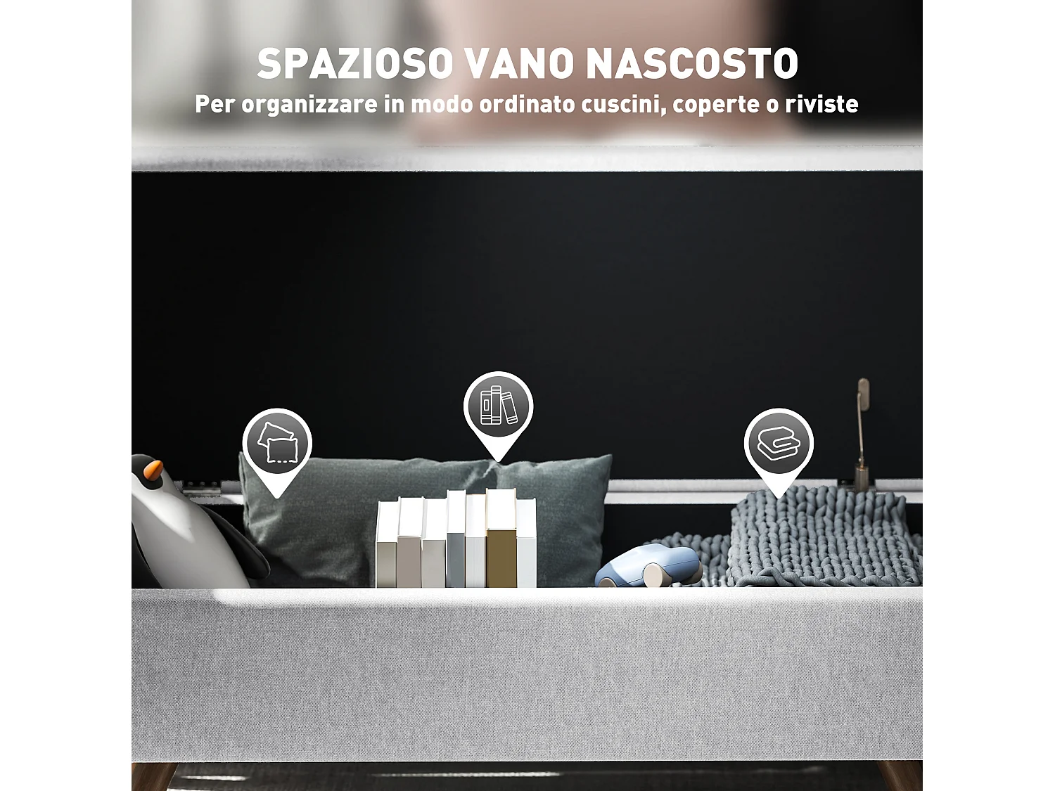 Panca contenitore con braccioli e imbottitura in tessuto grigio