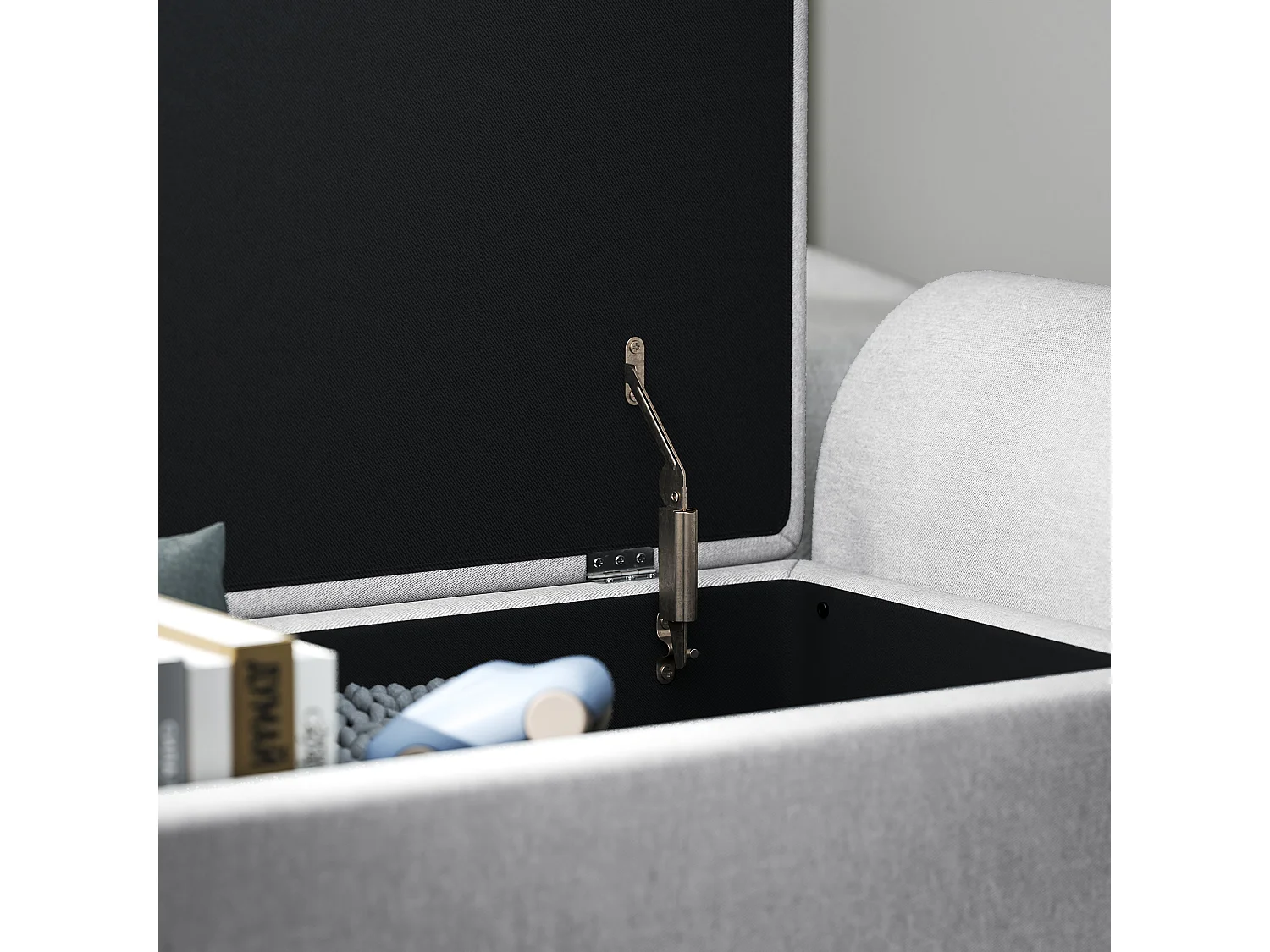 Panca contenitore con braccioli e imbottitura in tessuto grigio