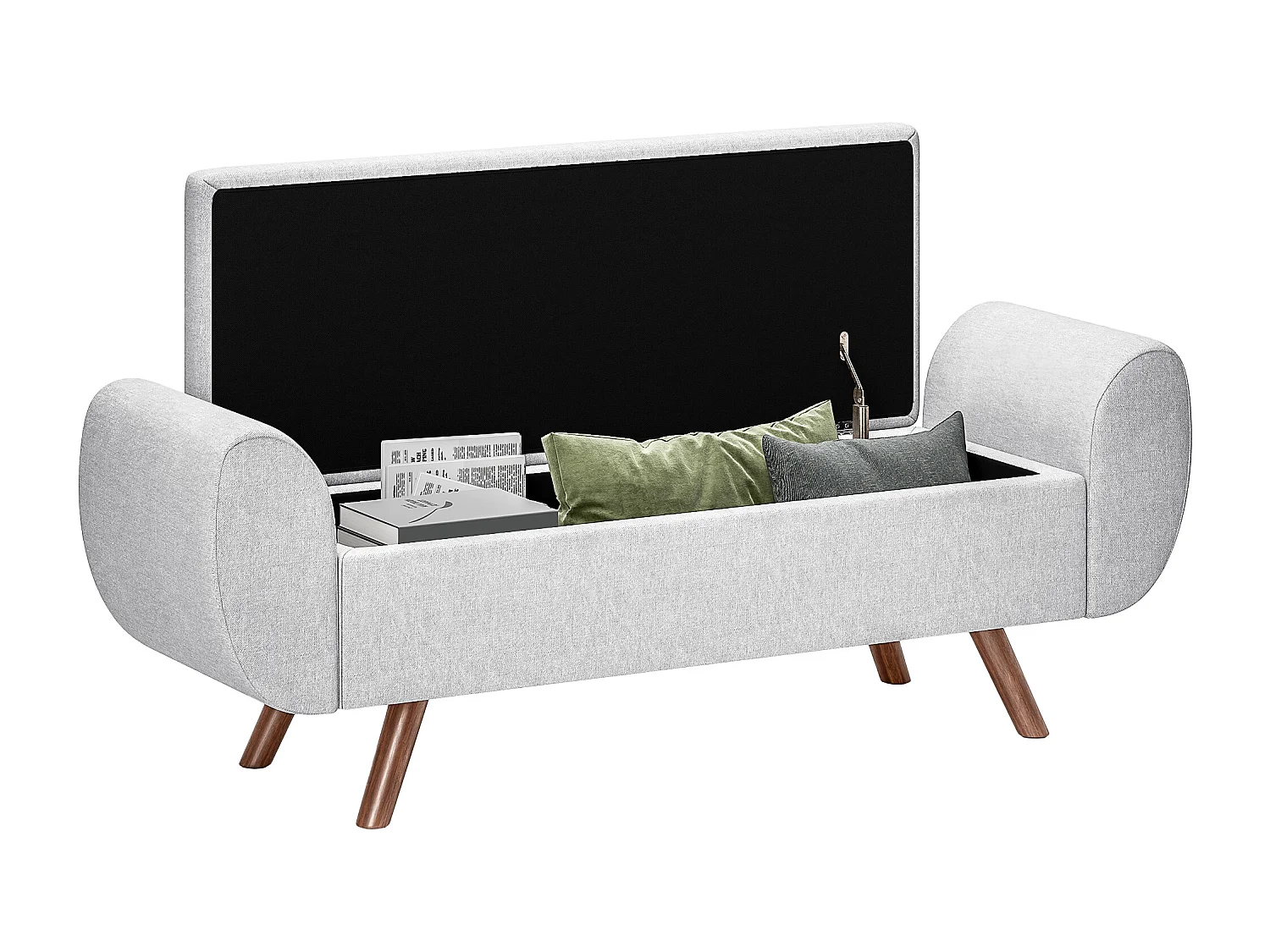 Panca contenitore con braccioli e imbottitura in tessuto grigio