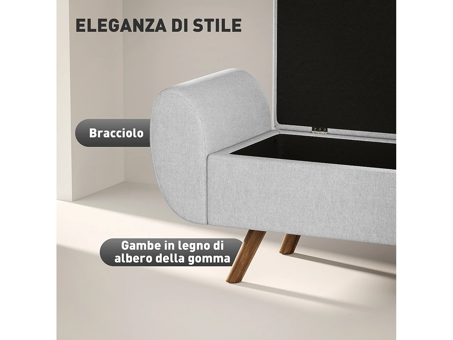 Panca contenitore con braccioli e imbottitura in tessuto grigio