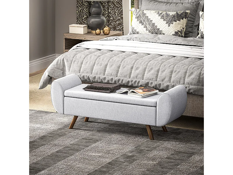 Panca contenitore con braccioli e imbottitura in tessuto grigio