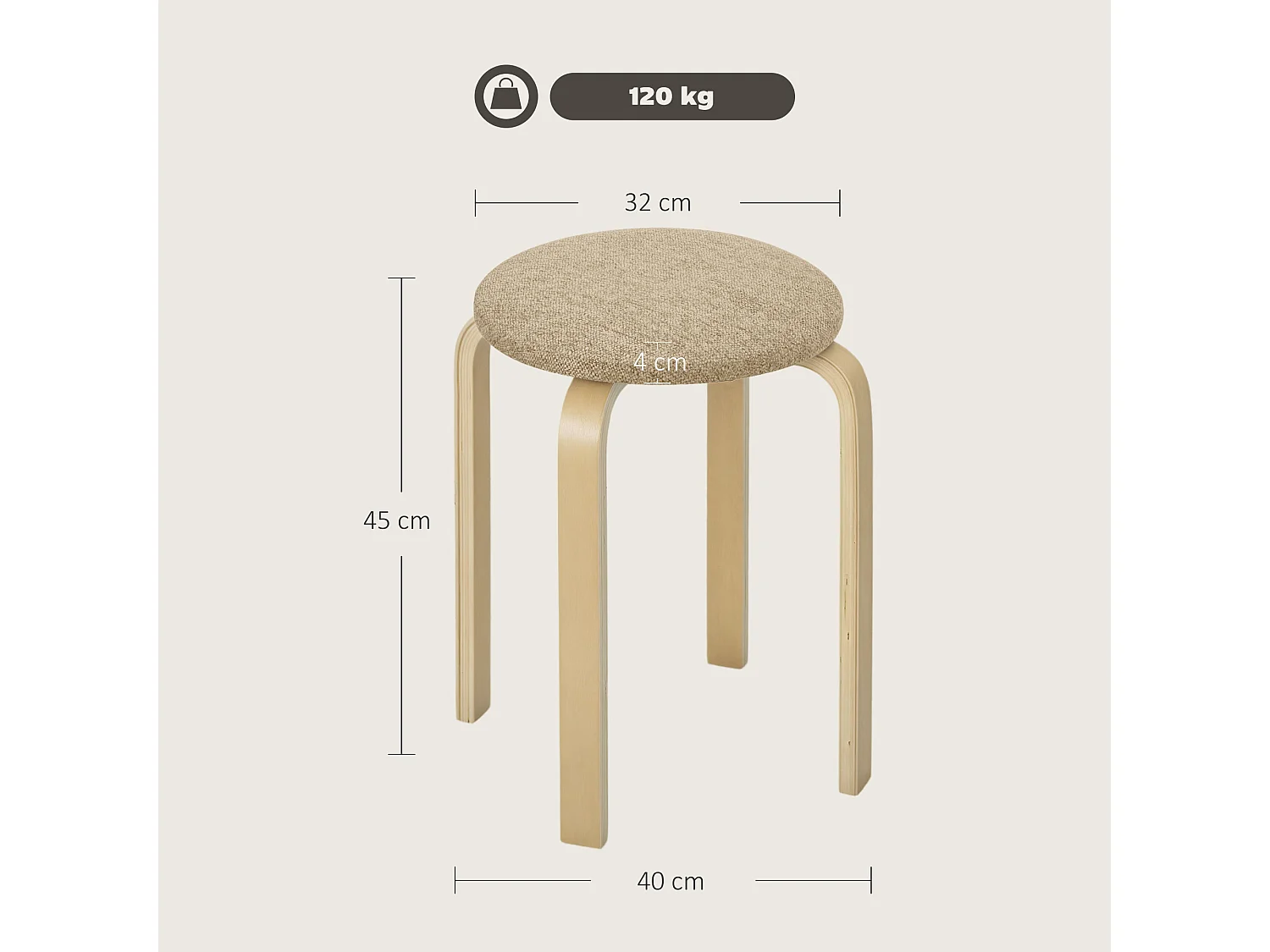 Set 4 sgabelli impilabili e imbottiti in legno e tessuto cachi