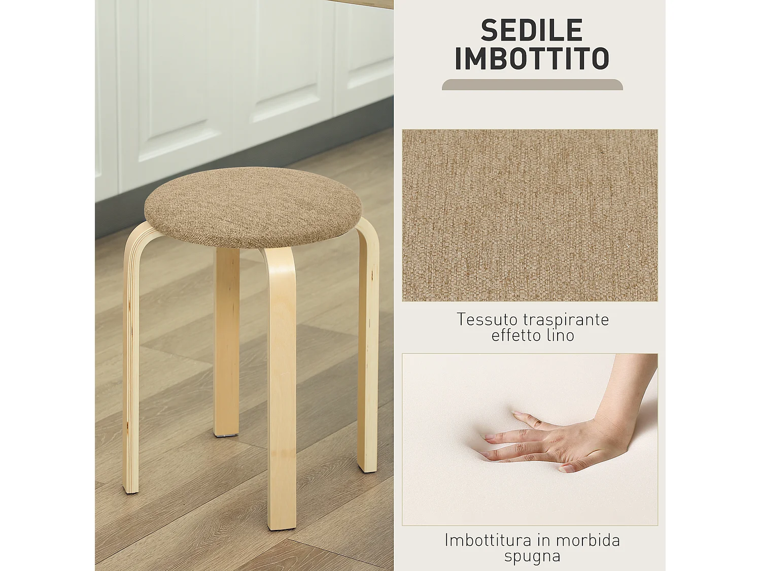 Set 4 sgabelli impilabili e imbottiti in legno e tessuto cachi