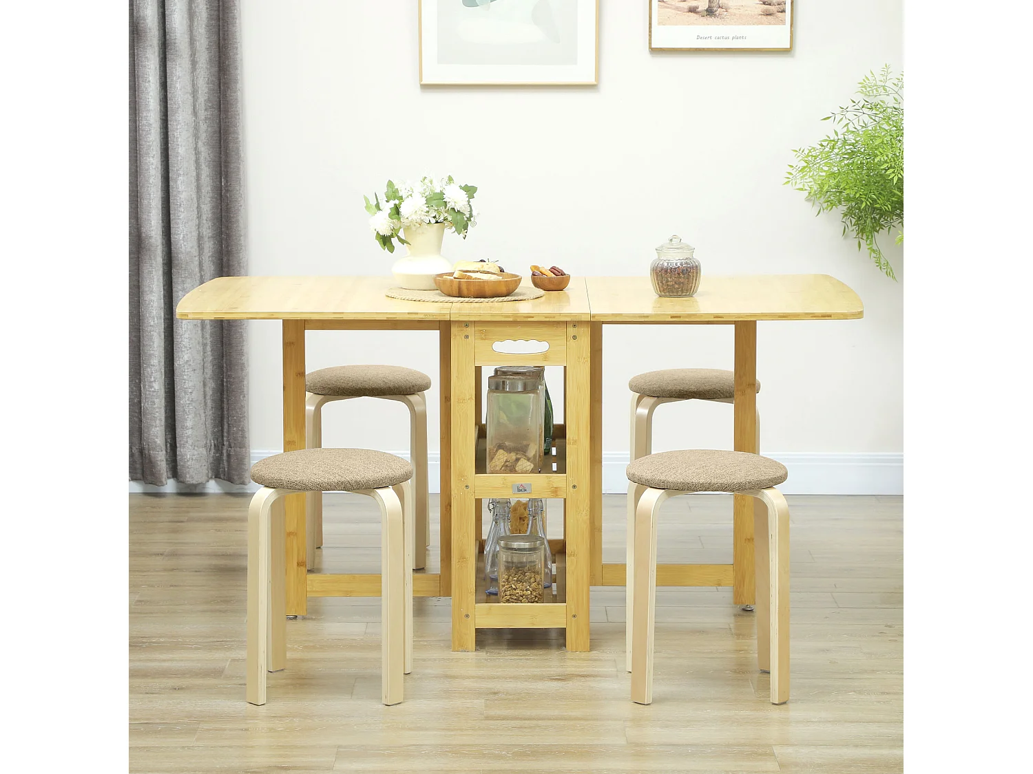 Set 4 sgabelli impilabili e imbottiti in legno e tessuto cachi