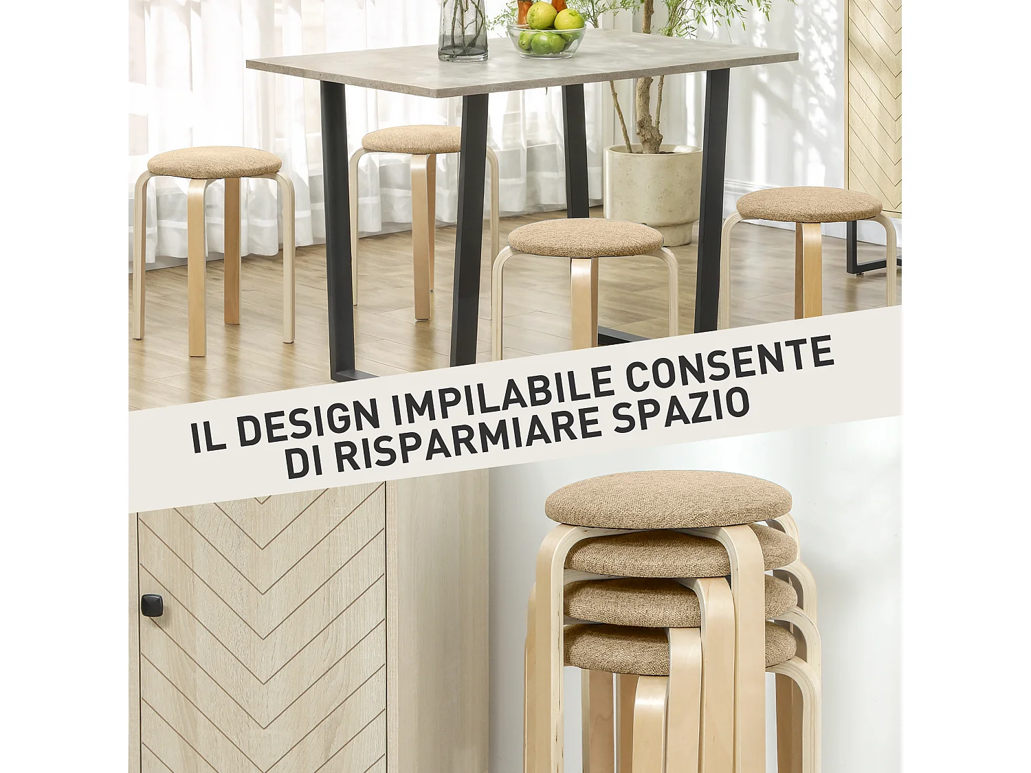 Set 4 sgabelli impilabili e imbottiti in legno e tessuto cachi