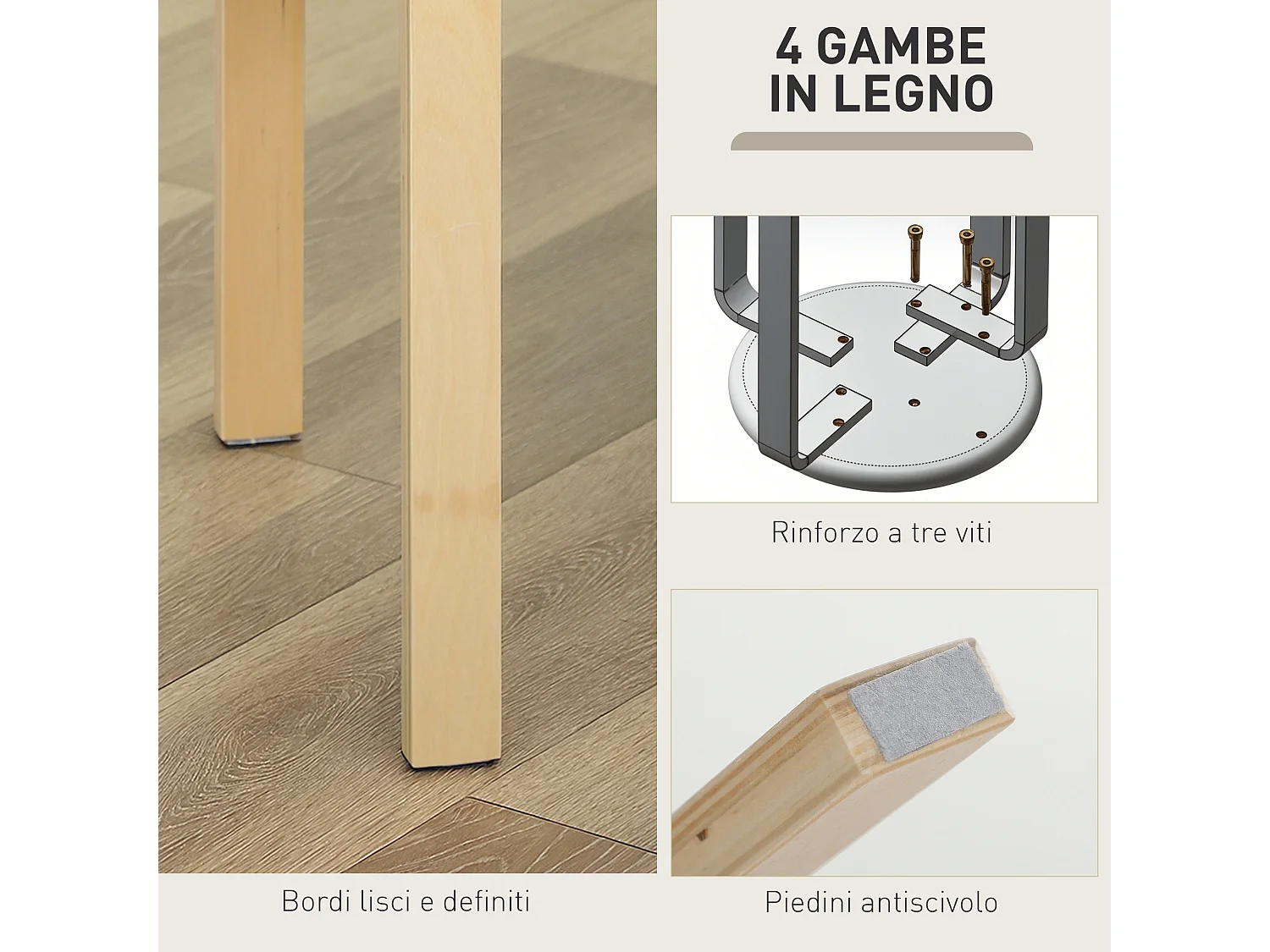 Set 4 sgabelli impilabili e imbottiti in legno e tessuto cachi