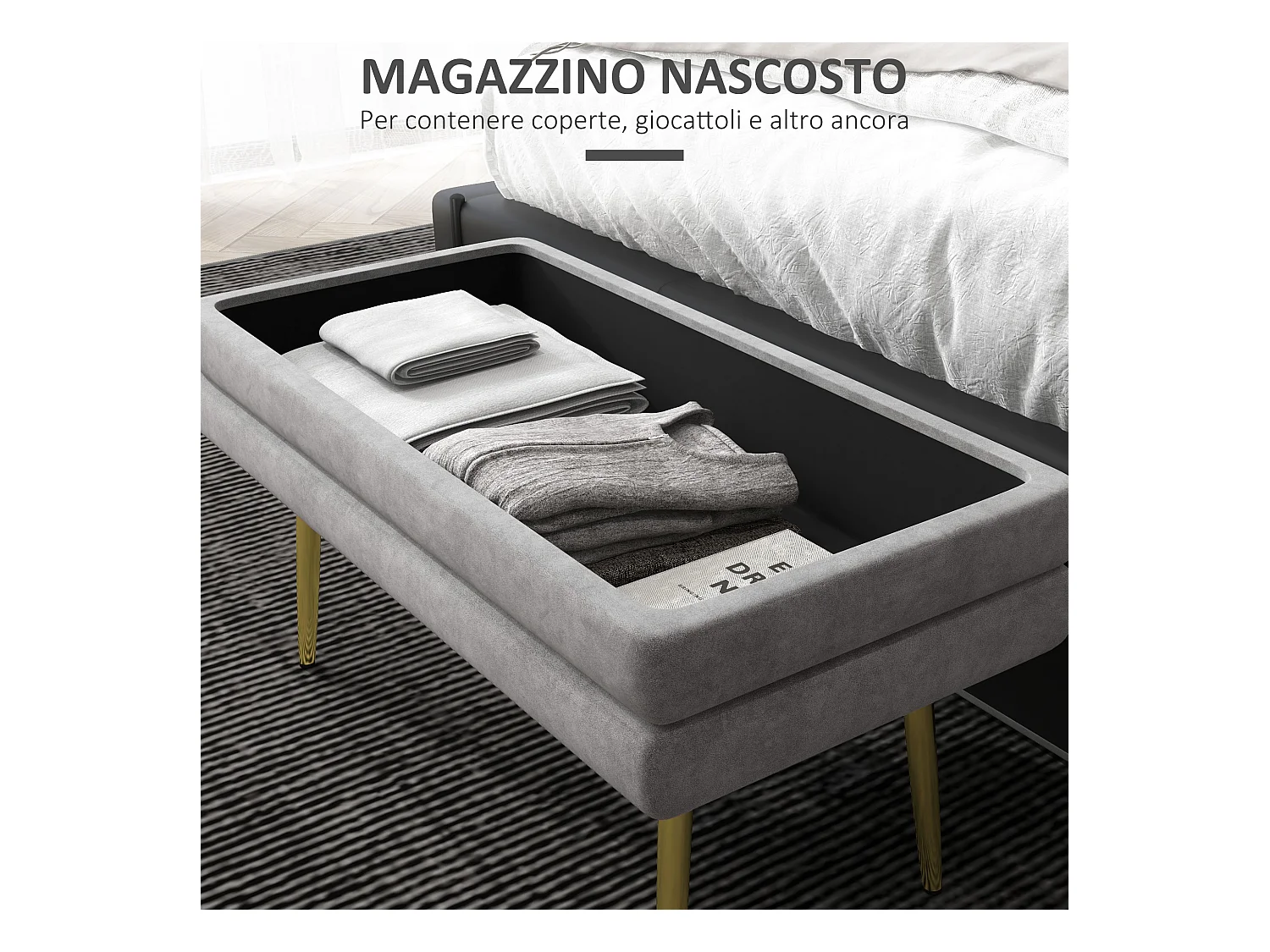 Panca fondo letto imbottita in acciaio e poliestere grigia