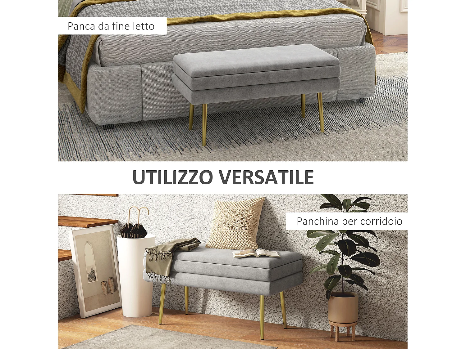 Panca fondo letto imbottita in acciaio e poliestere grigia