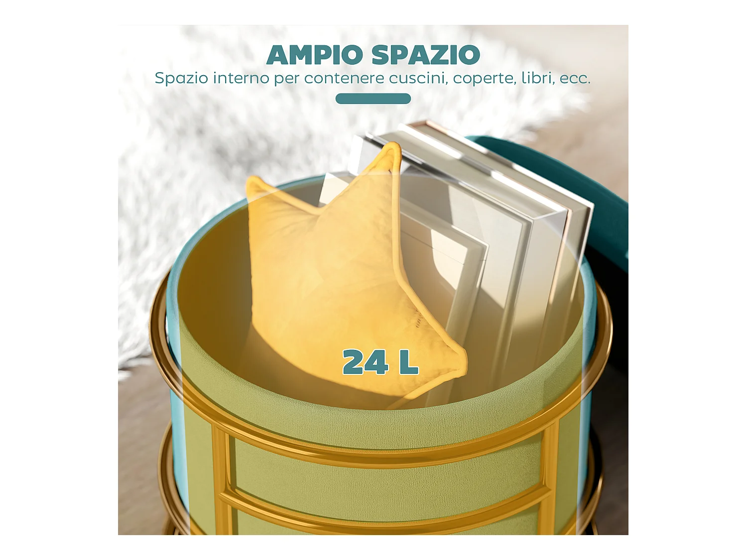 Pouf contenitore da 24 litri con coperchio rimovibile in velluto verde