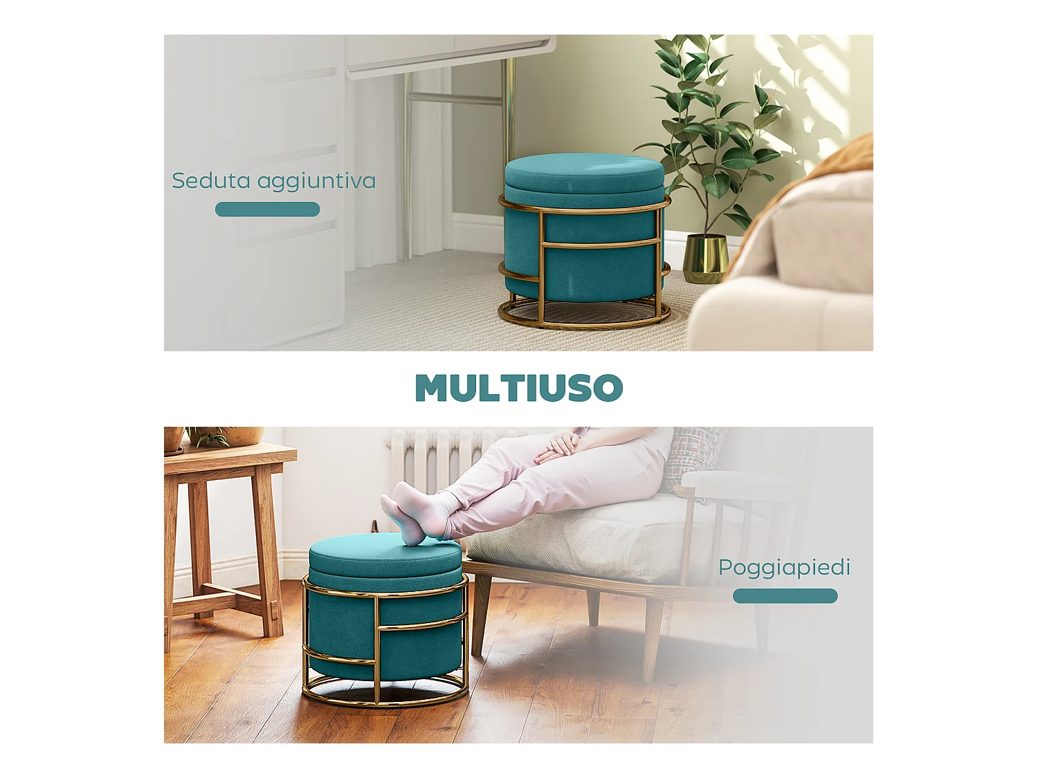 Pouf contenitore da 24 litri con coperchio rimovibile in velluto verde