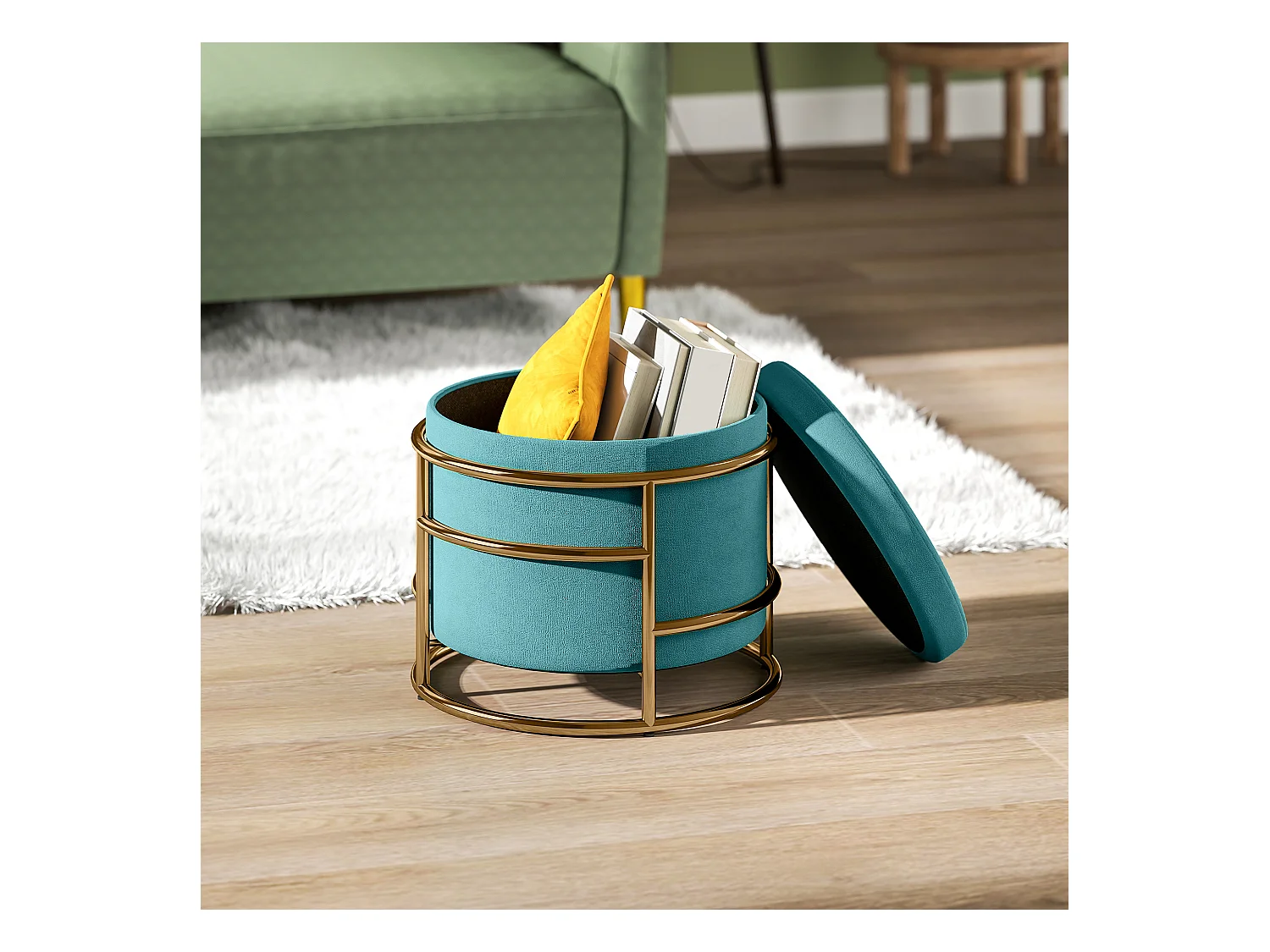 Pouf contenitore da 24 litri con coperchio rimovibile in velluto verde