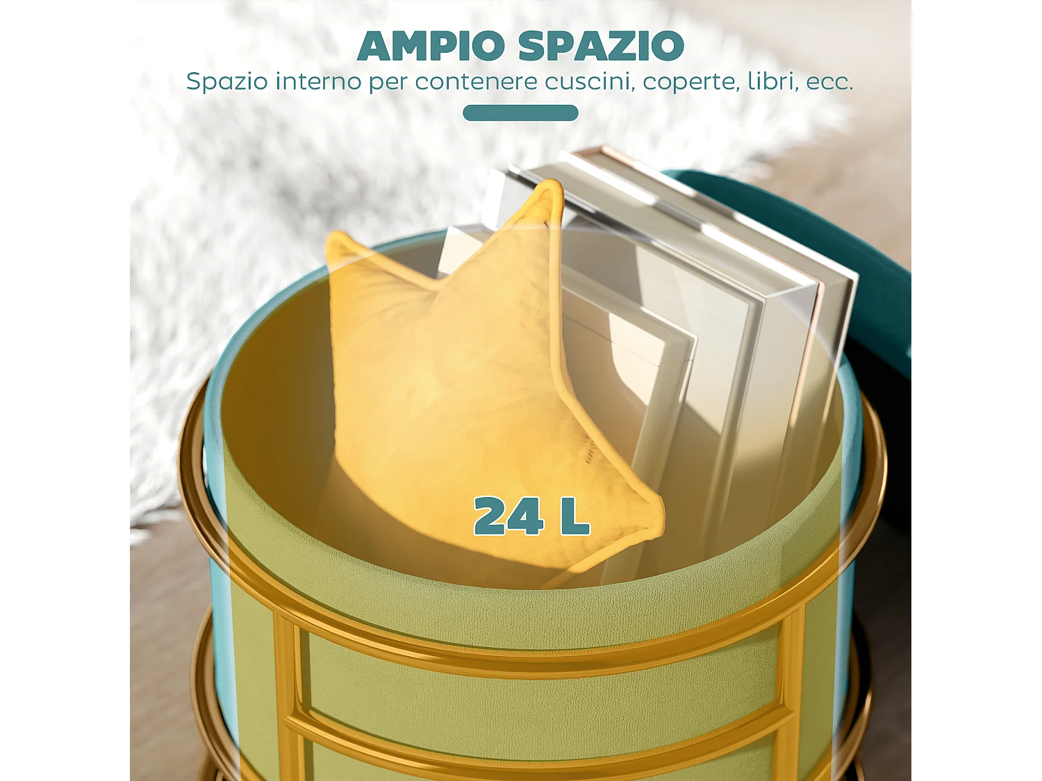Pouf contenitore da 24 litri con coperchio rimovibile in velluto verde