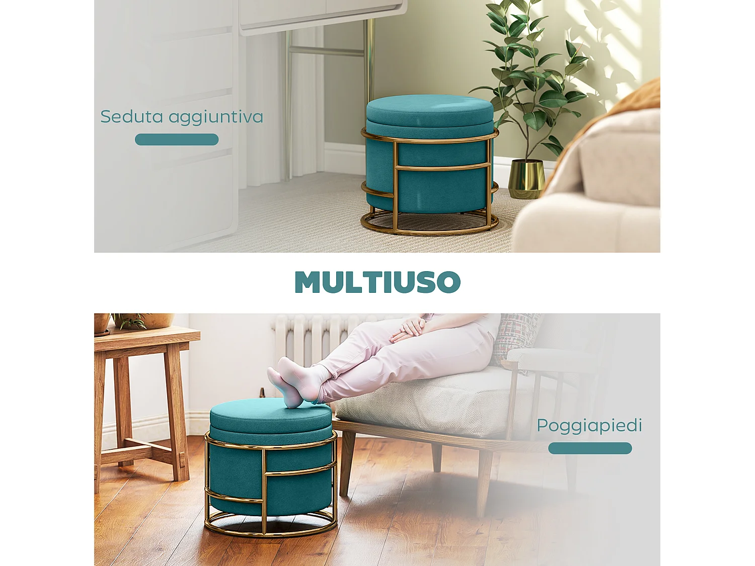 Pouf contenitore da 24 litri con coperchio rimovibile in velluto verde