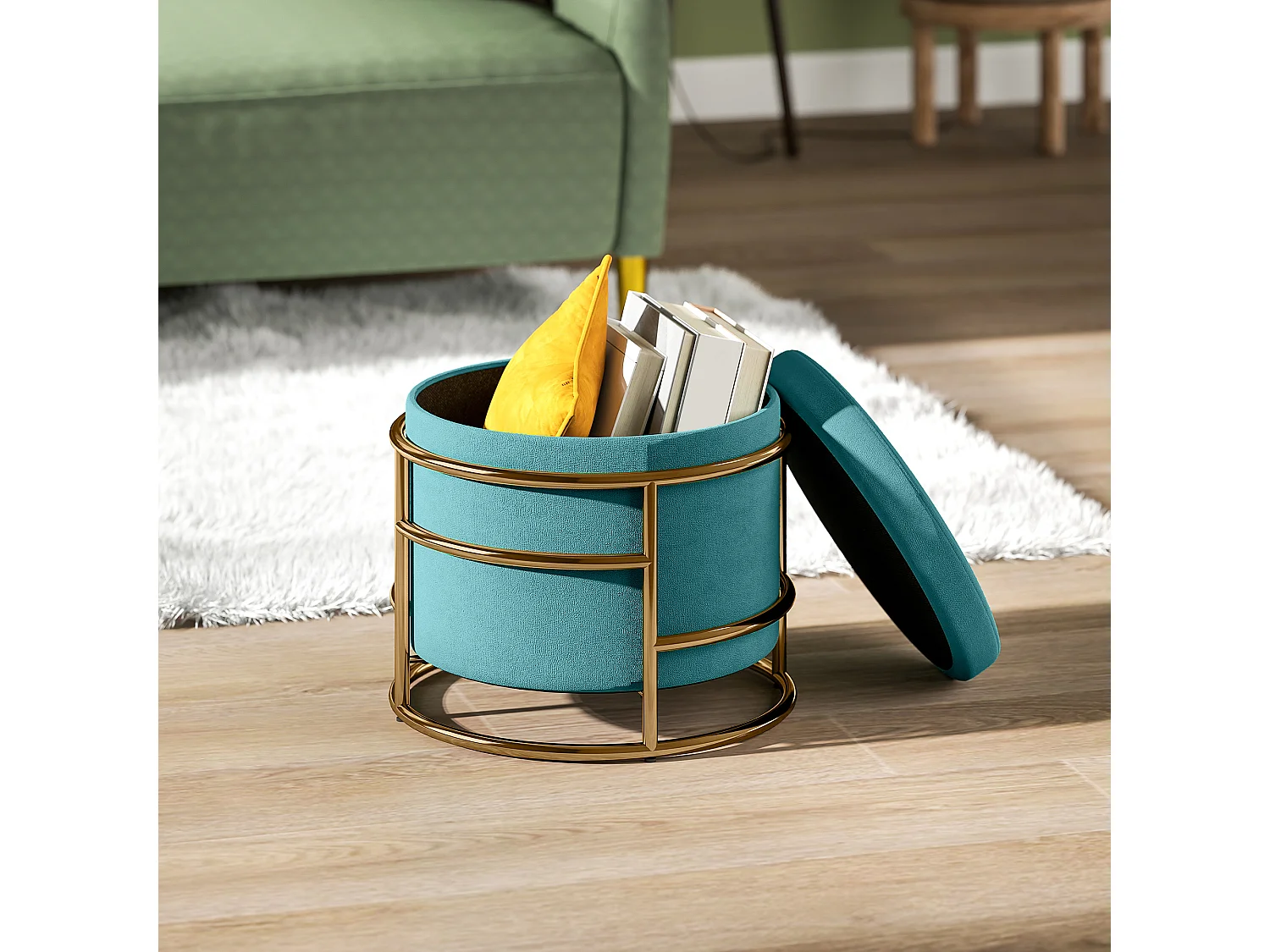 Pouf contenitore da 24 litri con coperchio rimovibile in velluto verde