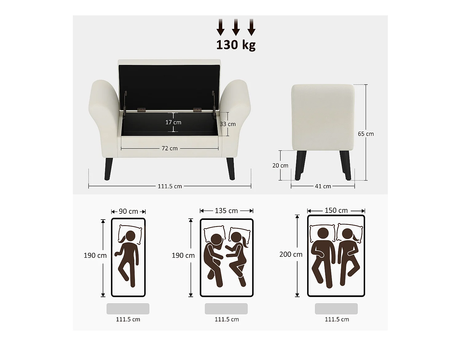 Panca fondo letto imbottita con vano contenitore e braccioli crema