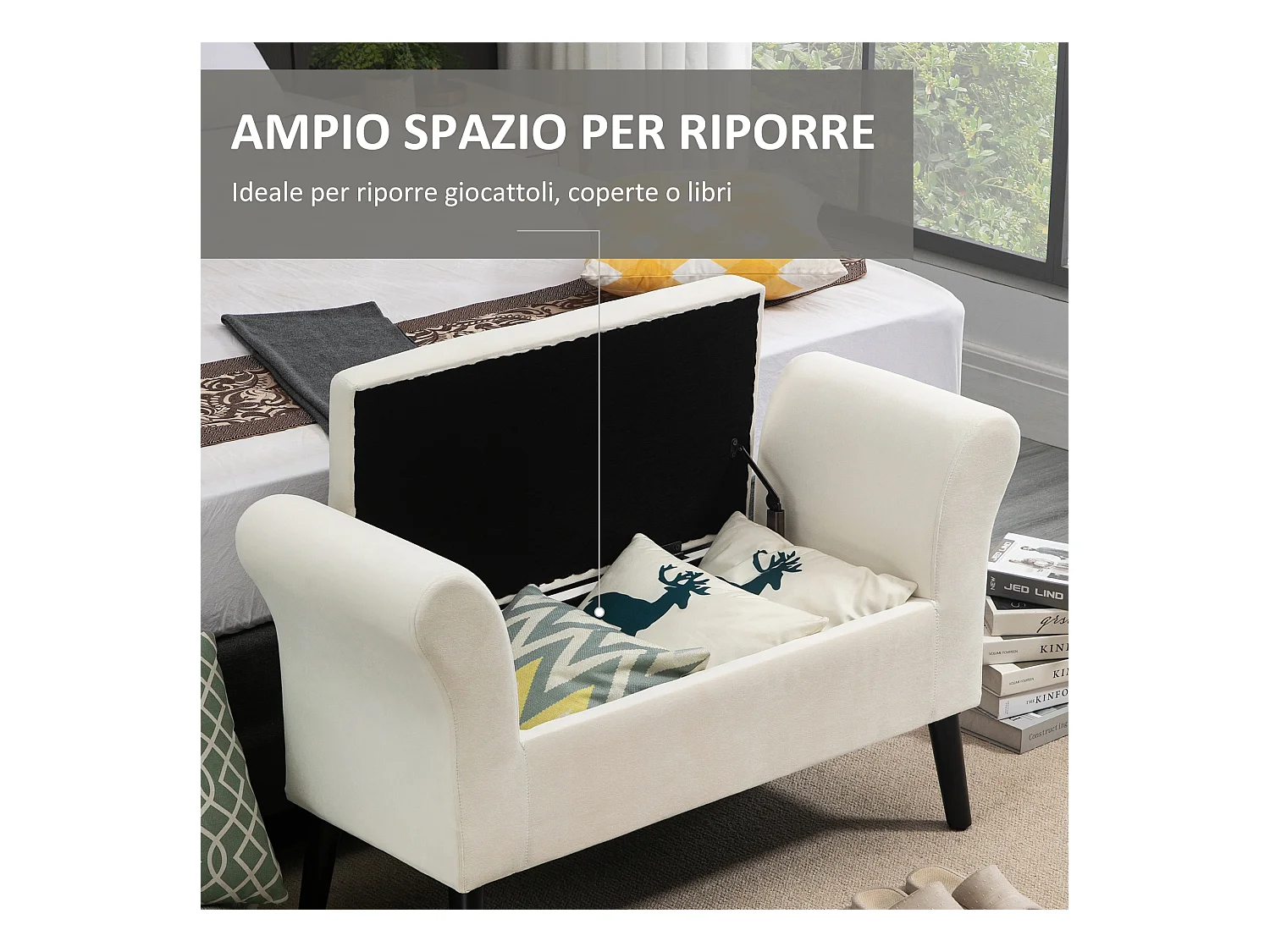 Panca fondo letto imbottita con vano contenitore e braccioli crema