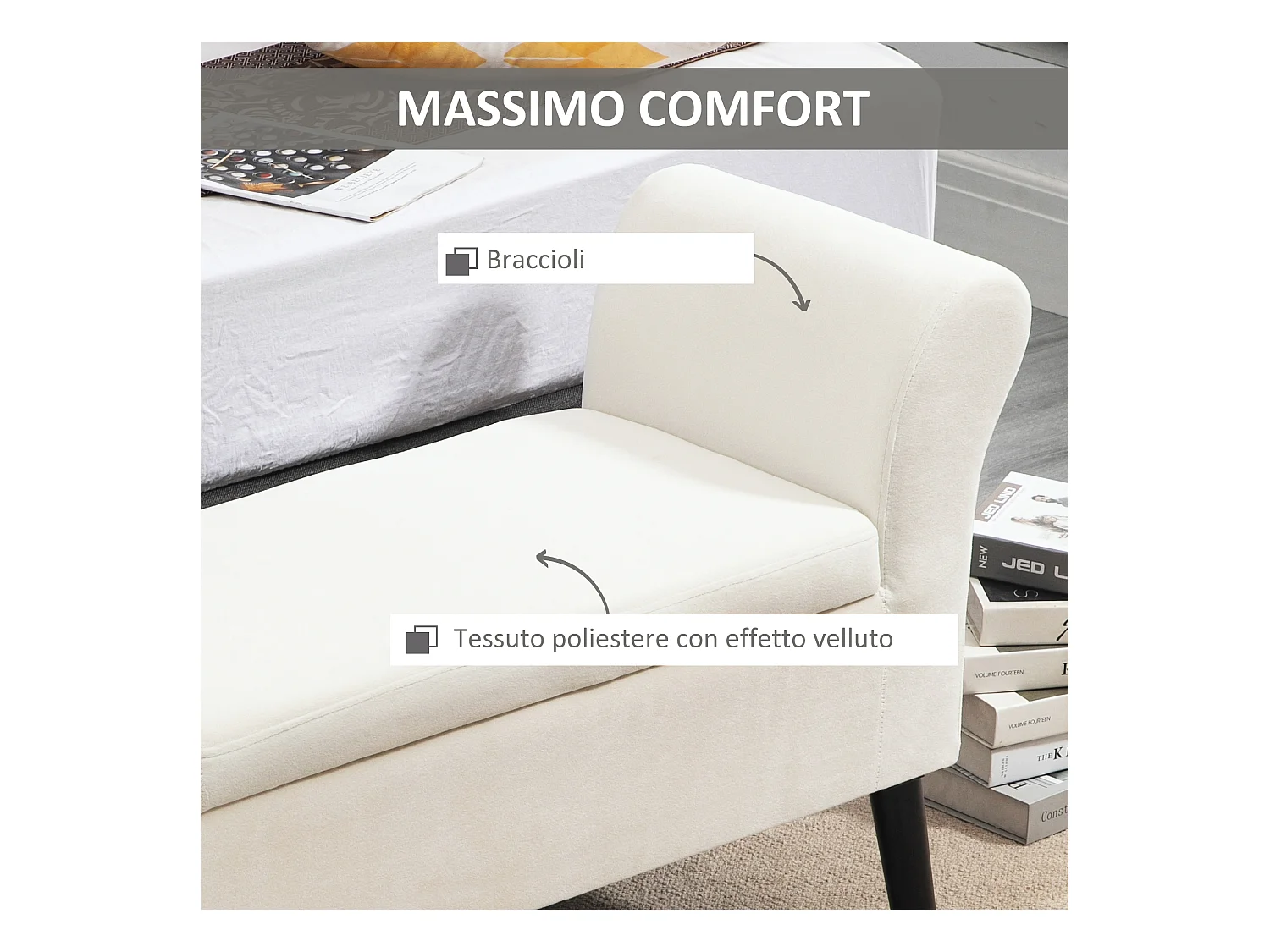 Panca fondo letto imbottita con vano contenitore e braccioli crema