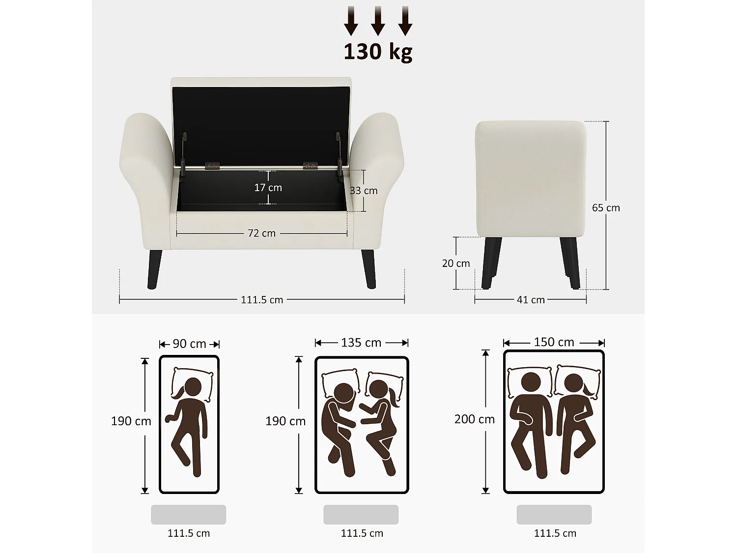 Panca fondo letto imbottita con vano contenitore e braccioli crema
