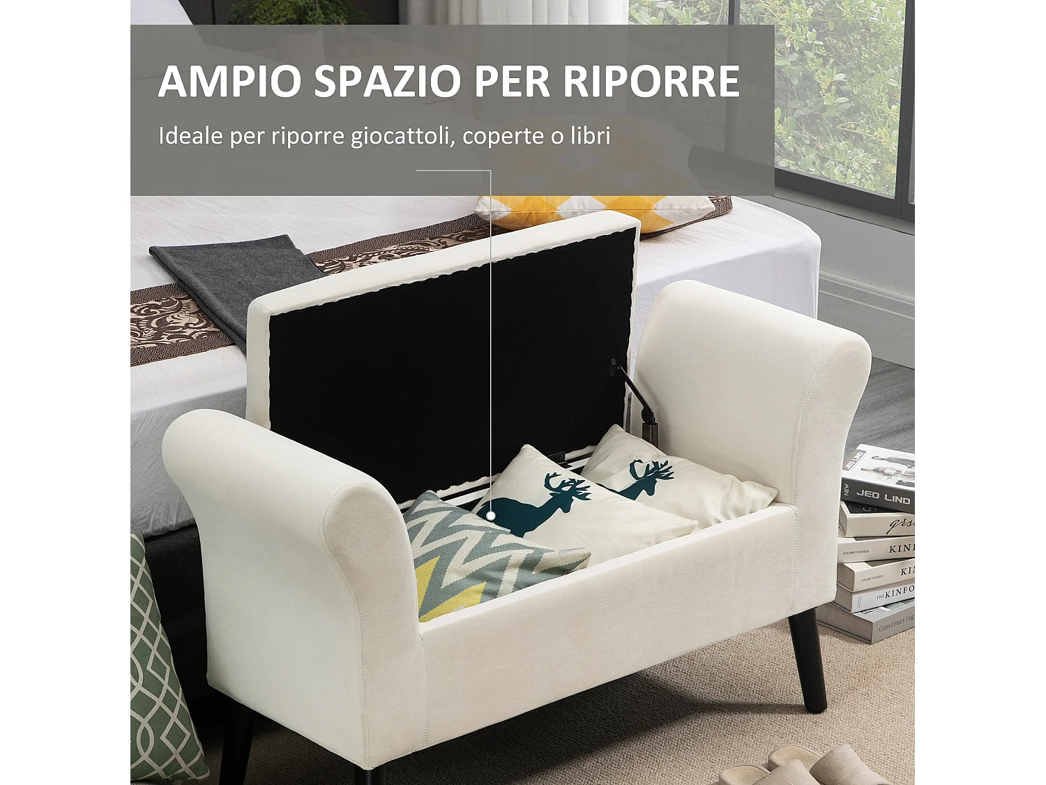 Panca fondo letto imbottita con vano contenitore e braccioli crema