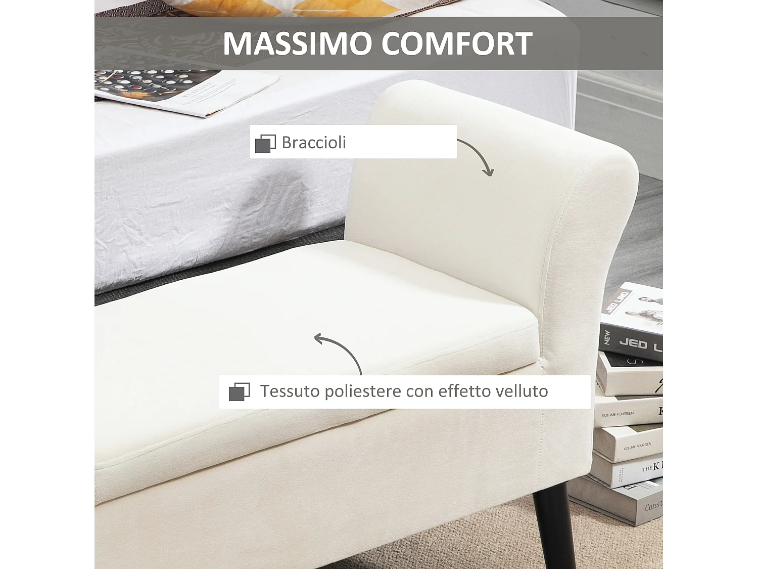 Panca fondo letto imbottita con vano contenitore e braccioli crema