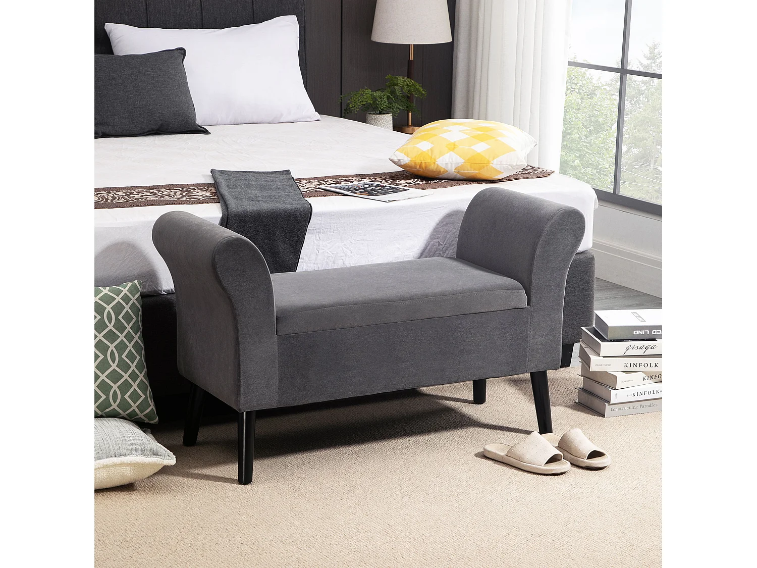 Panca contenitore imbottita in tessuto 111.5x41x65cm grigio