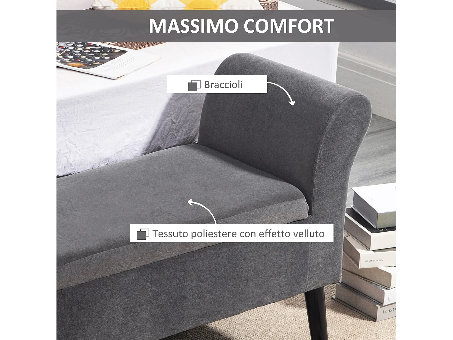 Panca contenitore imbottita in tessuto 111.5x41x65cm grigio