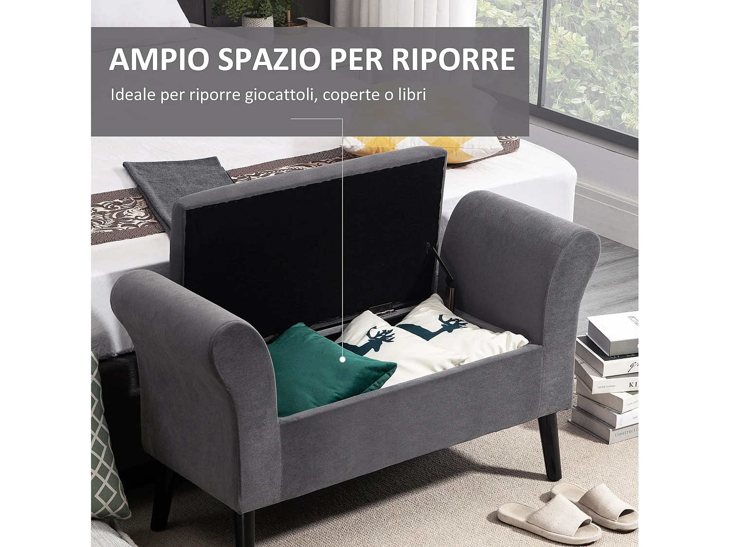 Panca contenitore imbottita in tessuto 111.5x41x65cm grigio