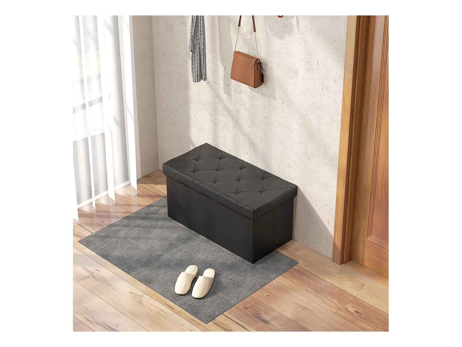 Panca contenitore pieghevole 84L in finta pelle pu nero