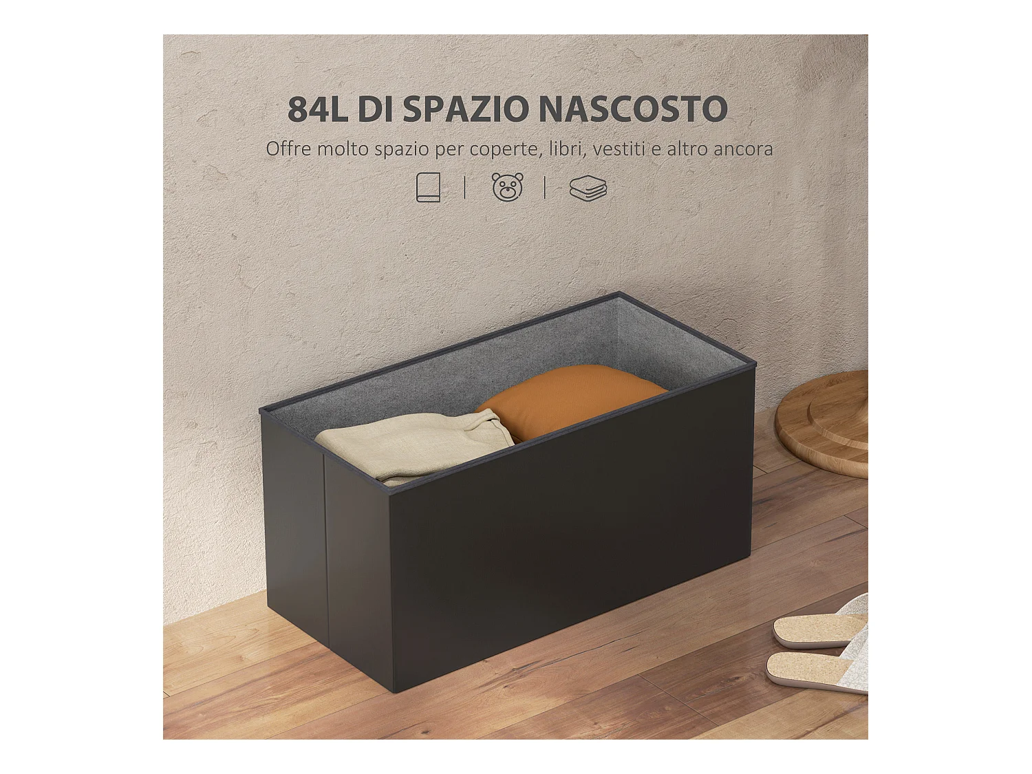 Panca contenitore pieghevole 84L in finta pelle pu nero