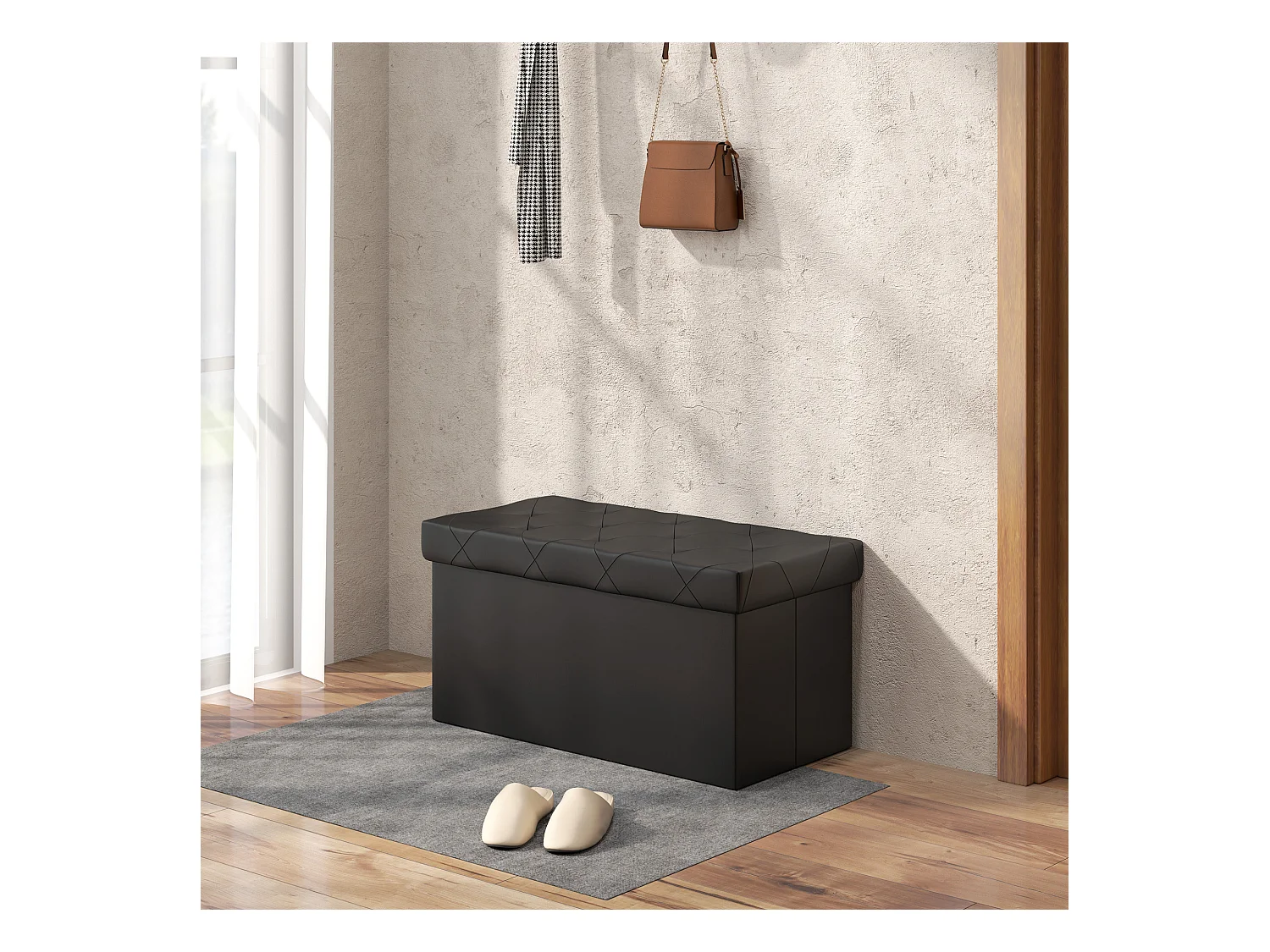 Panca contenitore pieghevole 84L in finta pelle pu nero