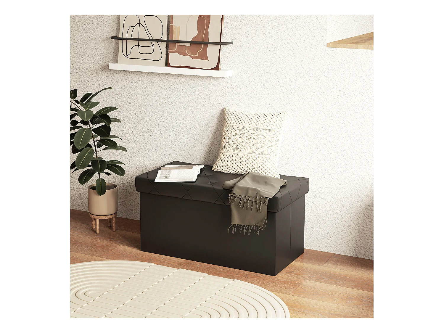 Panca contenitore pieghevole 84L in finta pelle pu nero