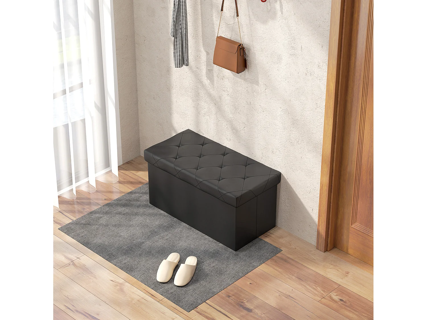 Panca contenitore pieghevole 84L in finta pelle pu nero