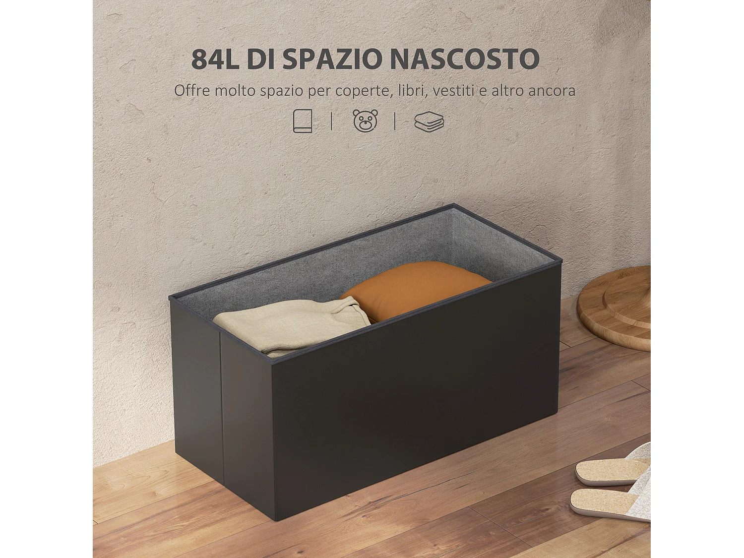 Panca contenitore pieghevole 84L in finta pelle pu nero