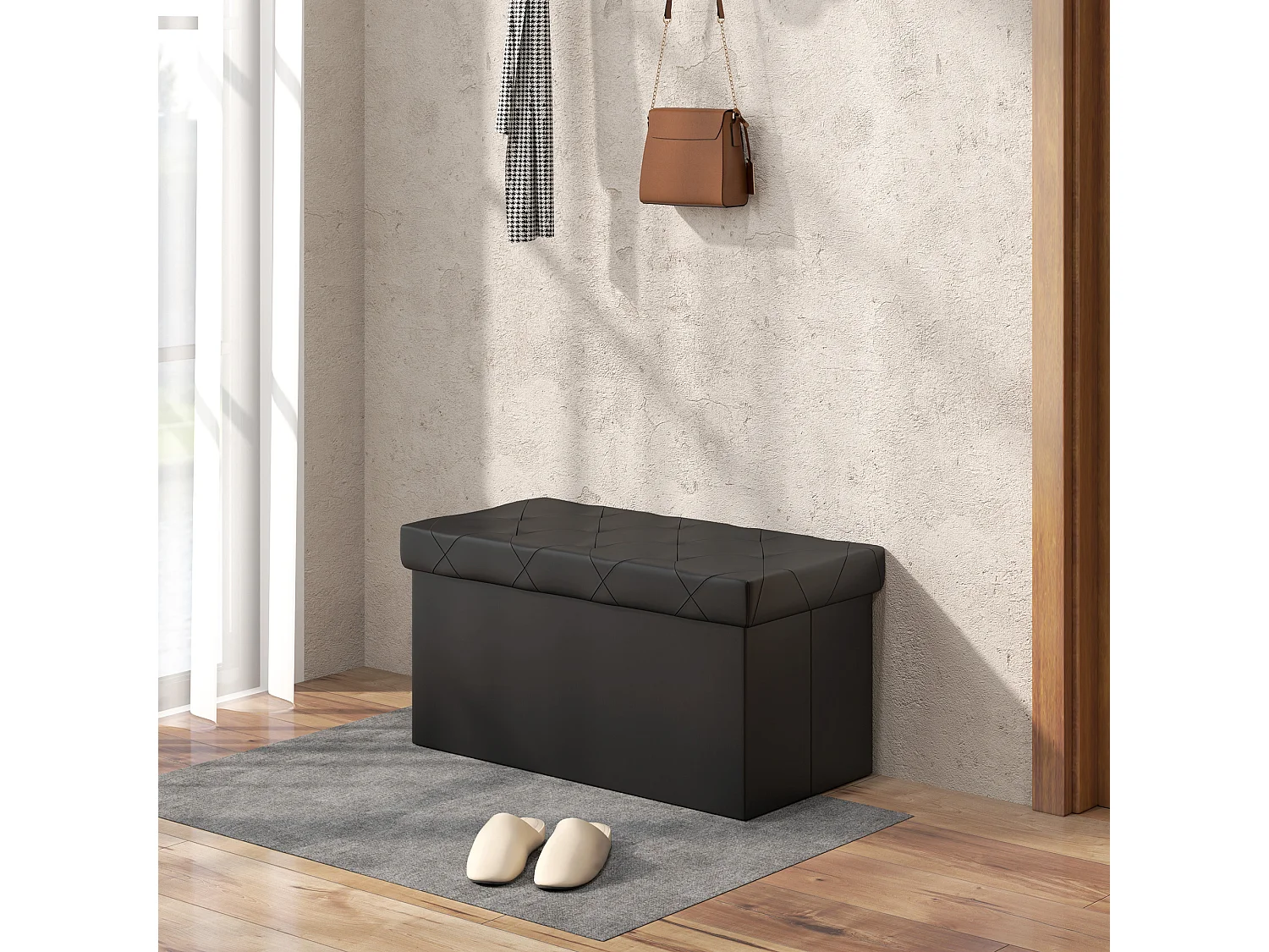 Panca contenitore pieghevole 84L in finta pelle pu nero