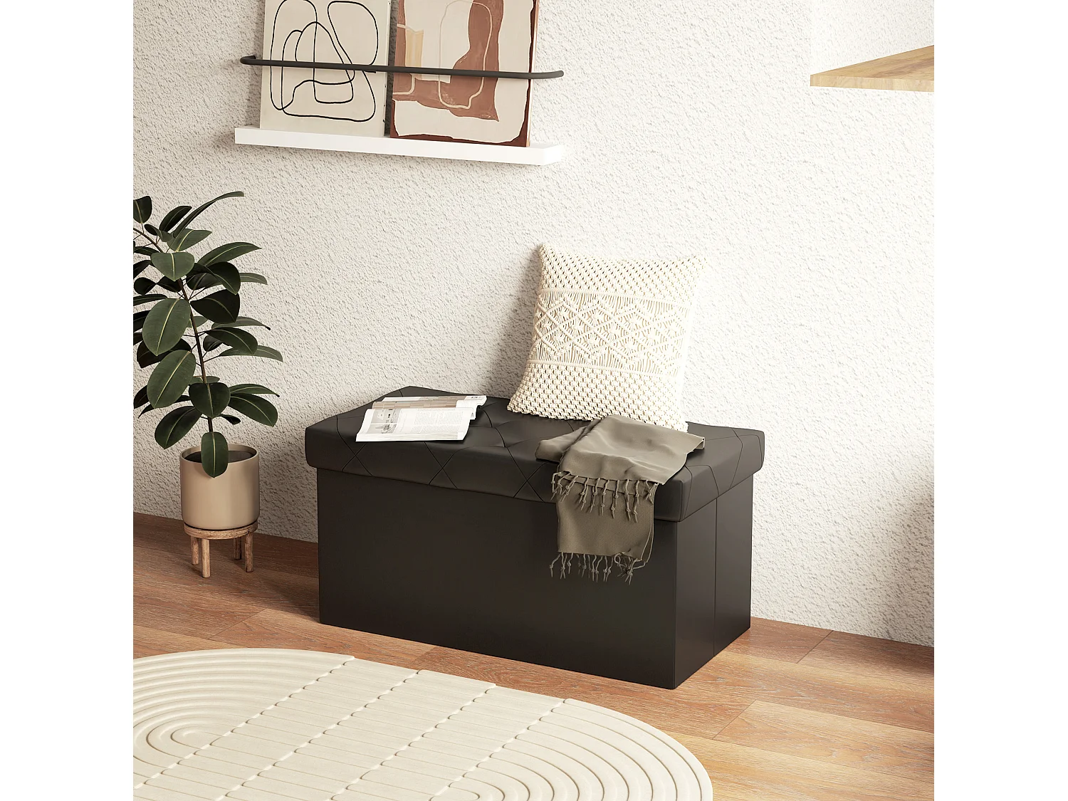 Panca contenitore pieghevole 84L in finta pelle pu nero