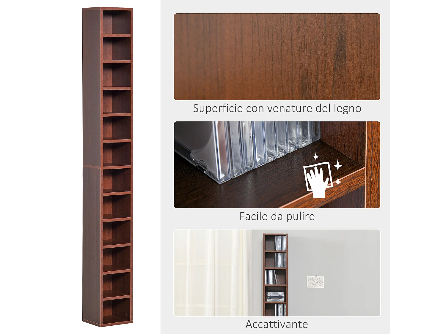 Mobile porta CD da parete con 12 ripiani in legno 21x20x175 cm marrone
