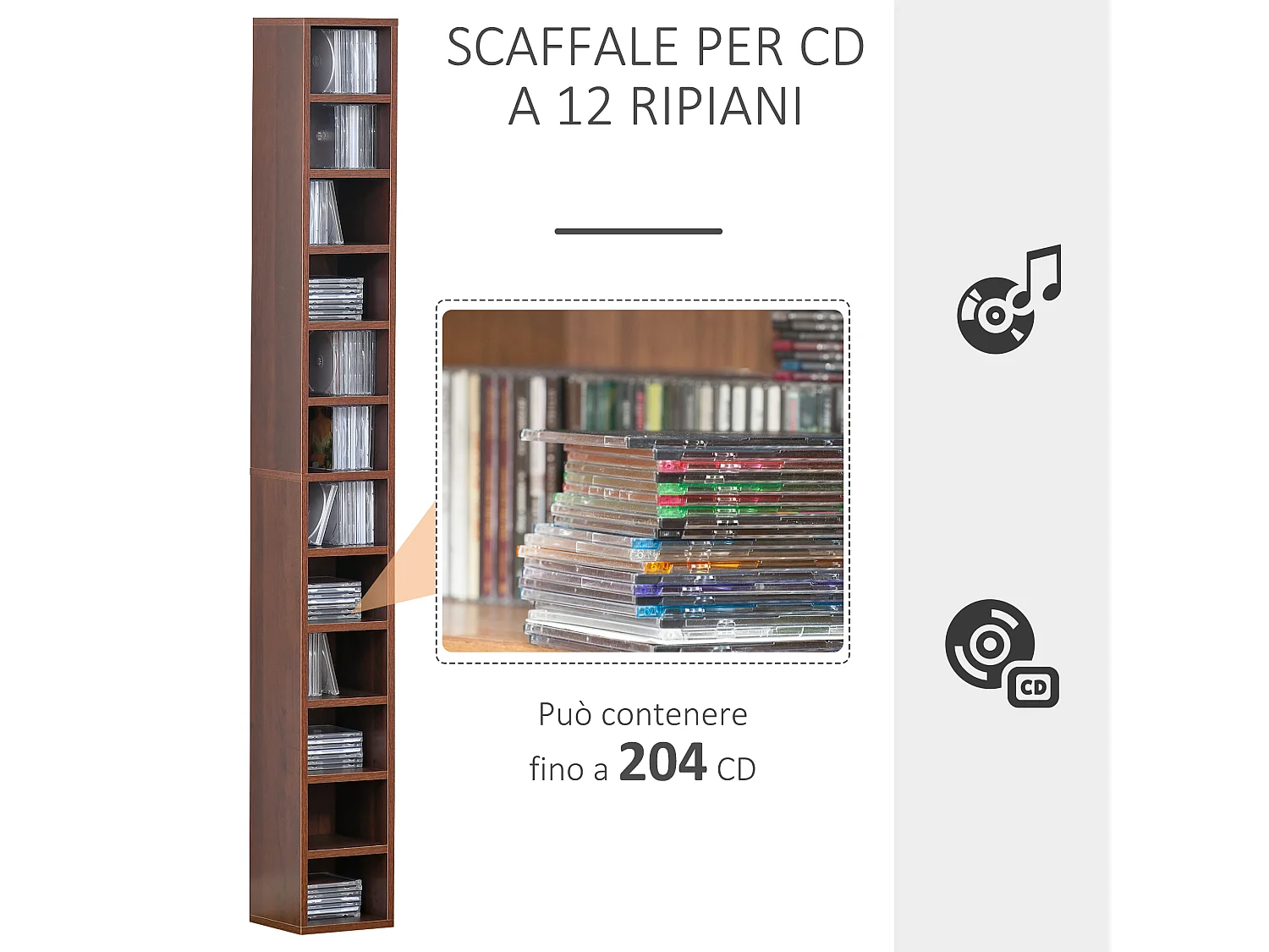 Mobile porta CD da parete con 12 ripiani in legno 21x20x175 cm marrone