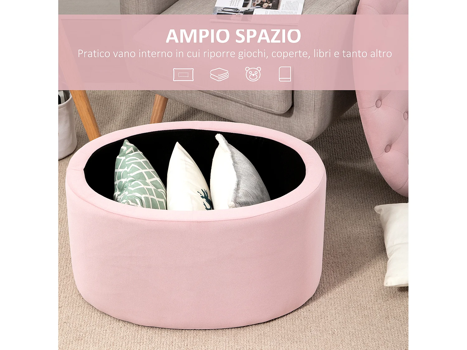 Pouf contenitore ovale imbottito e trapuntato in velluto rosa
