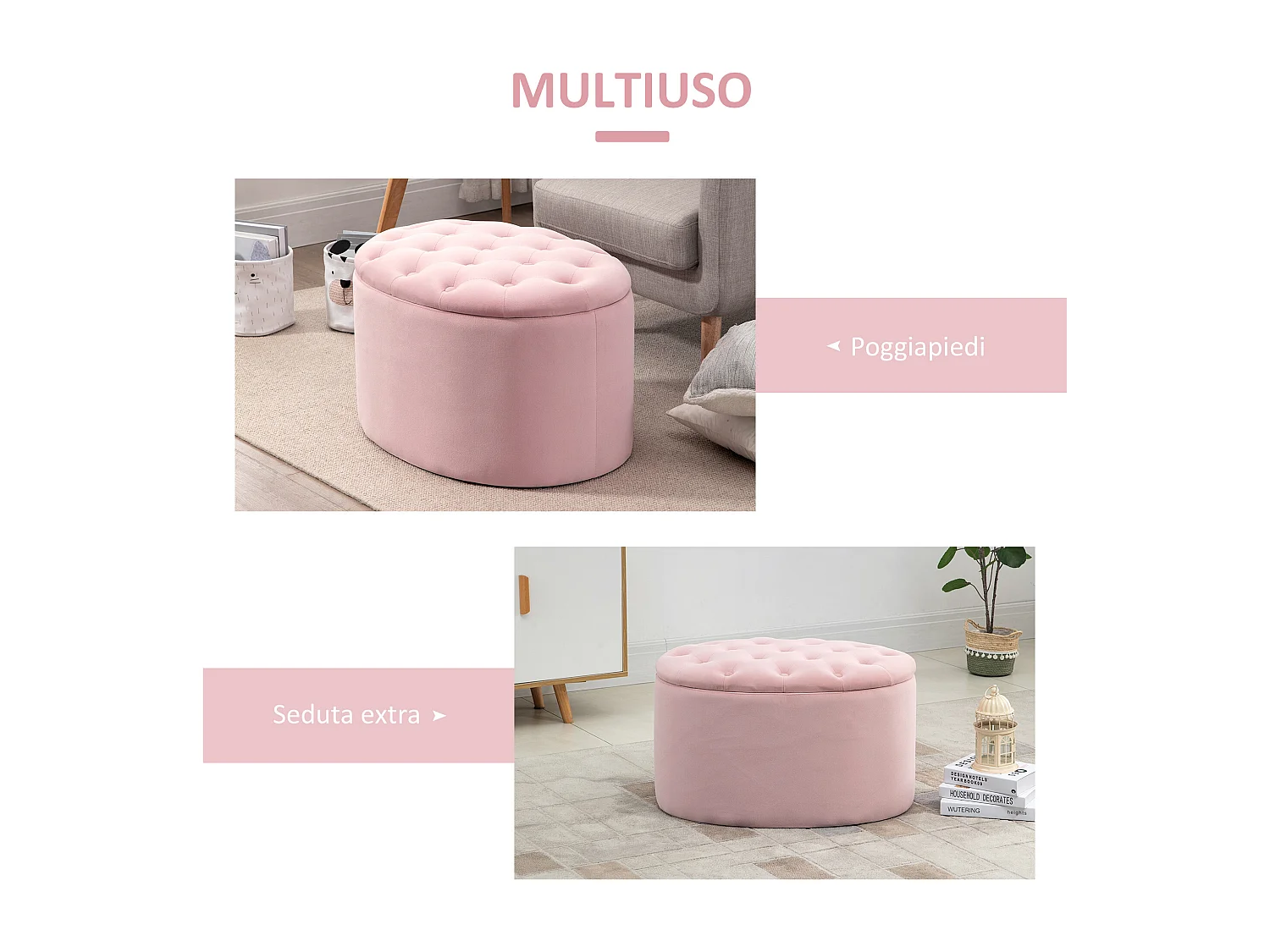 Pouf contenitore ovale imbottito e trapuntato in velluto rosa