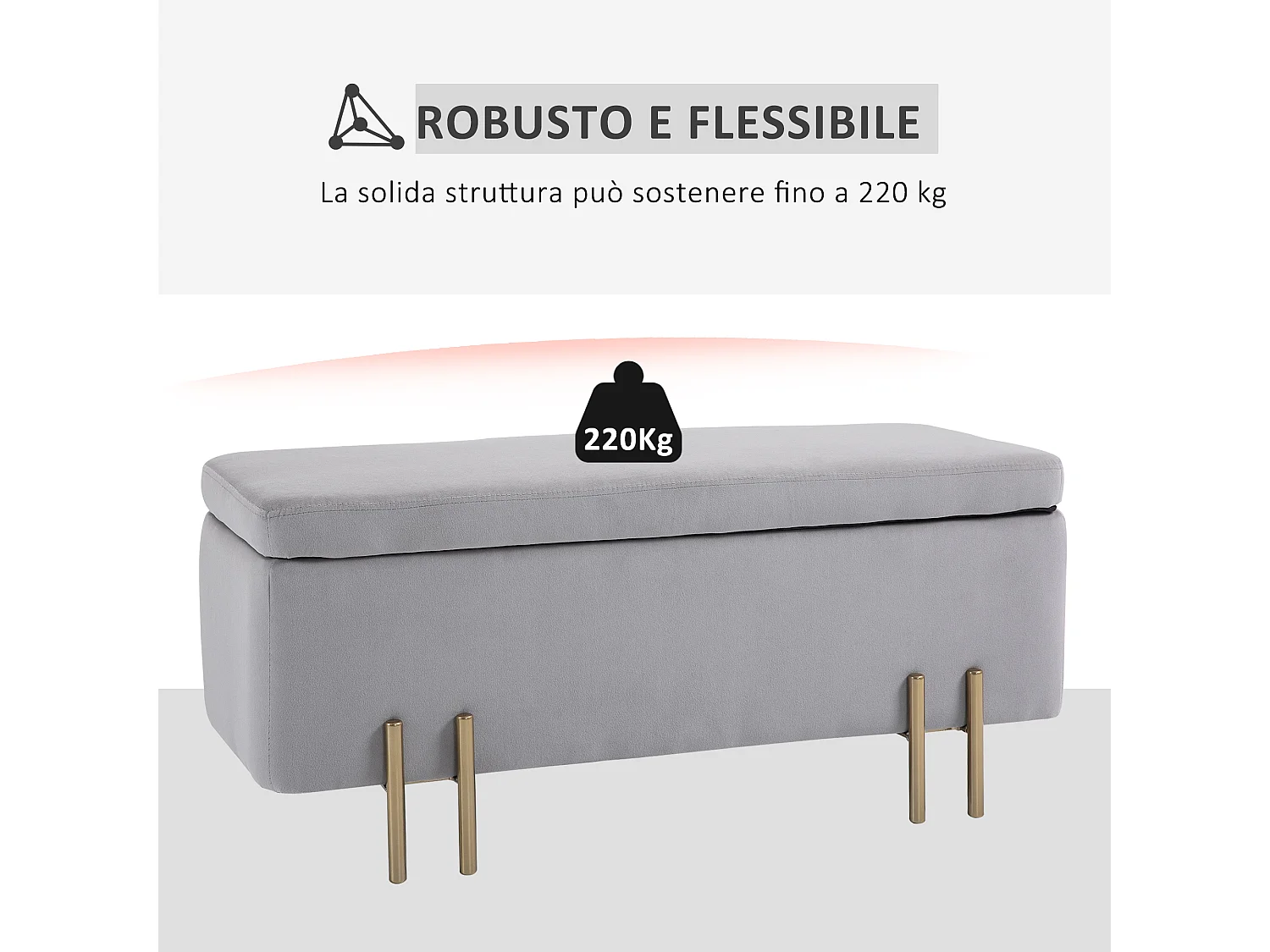 Panca contenitore imbottita moderna con piedini dorati grigio