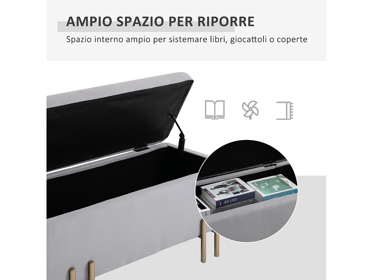 Panca contenitore imbottita moderna con piedini dorati grigio