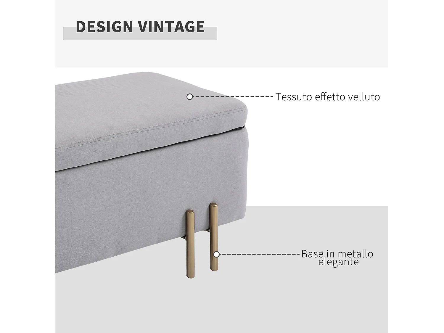 Panca contenitore imbottita moderna con piedini dorati grigio