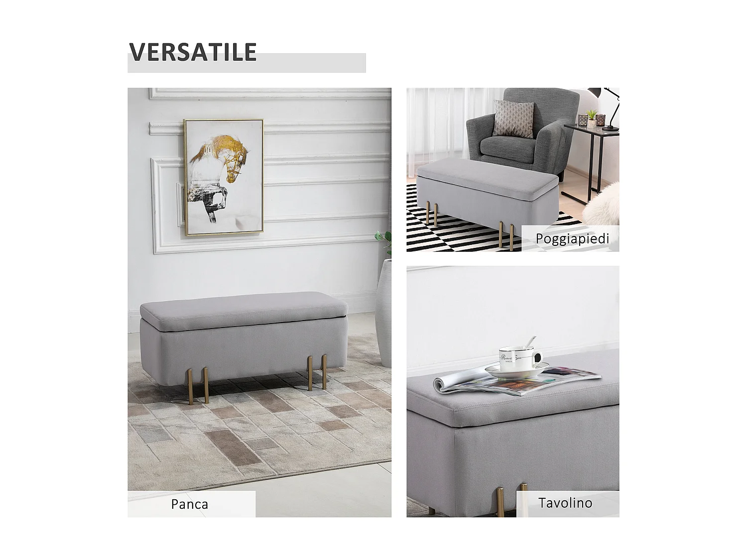 Panca contenitore imbottita moderna con piedini dorati grigio