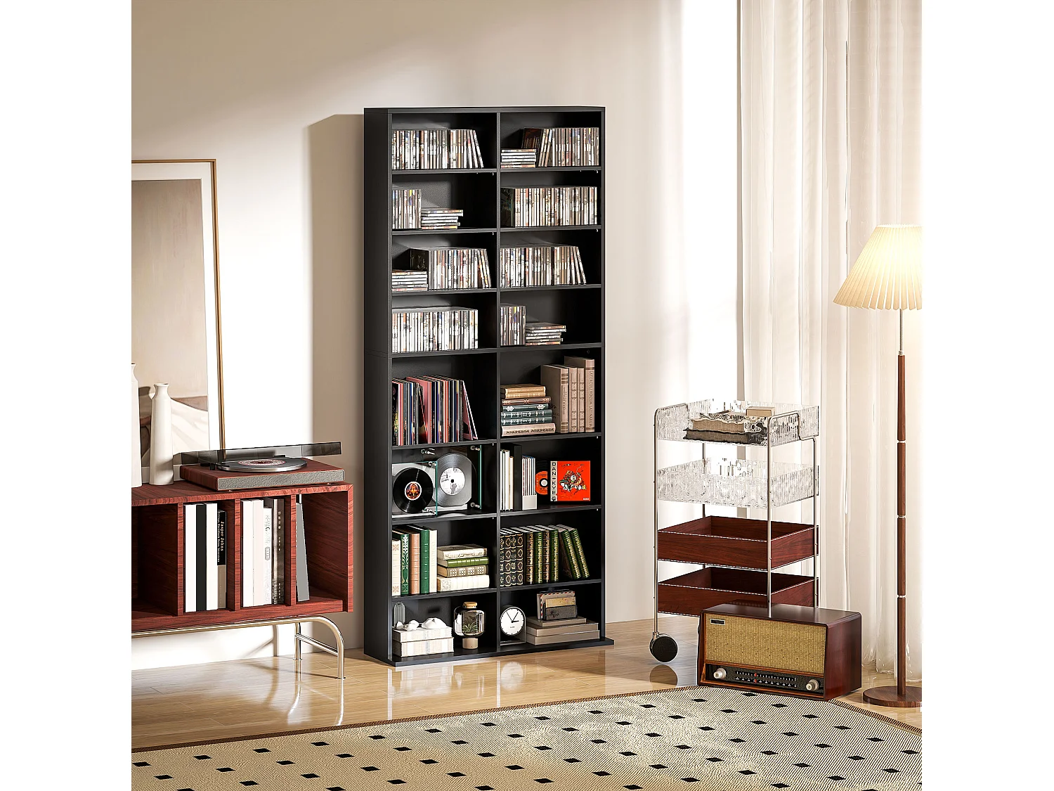 Scaffale porta cd con 14 ripiani regolabili in legno nero