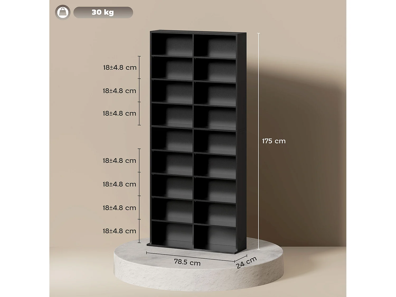 Scaffale porta cd con 14 ripiani regolabili in legno nero