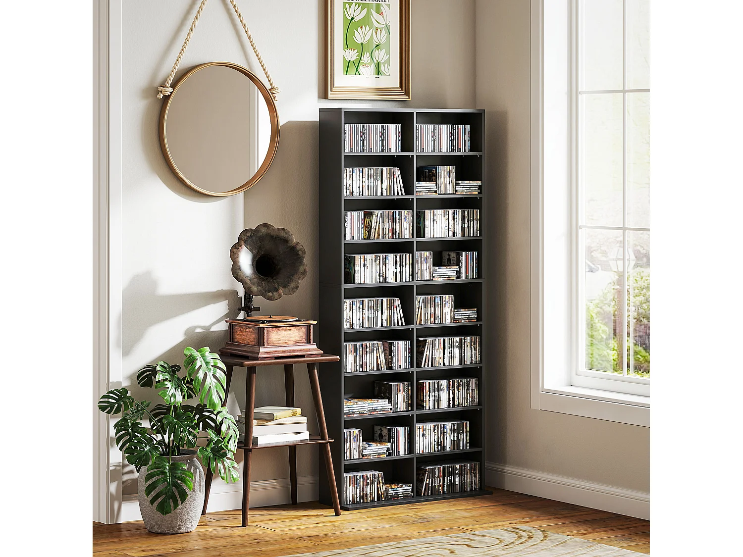 Scaffale porta cd con 14 ripiani regolabili in legno nero