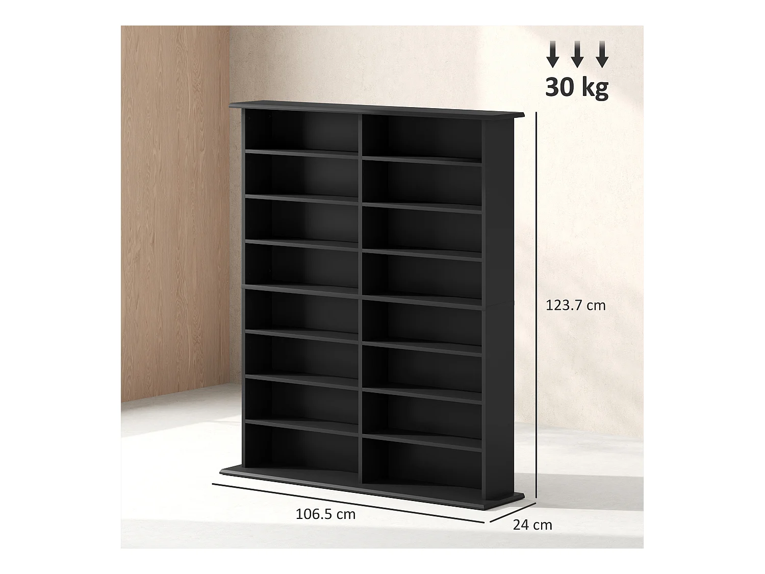 Mobile libreria a 16 ripiani per 720 cd in legno 106.5x24x123.7cm nero