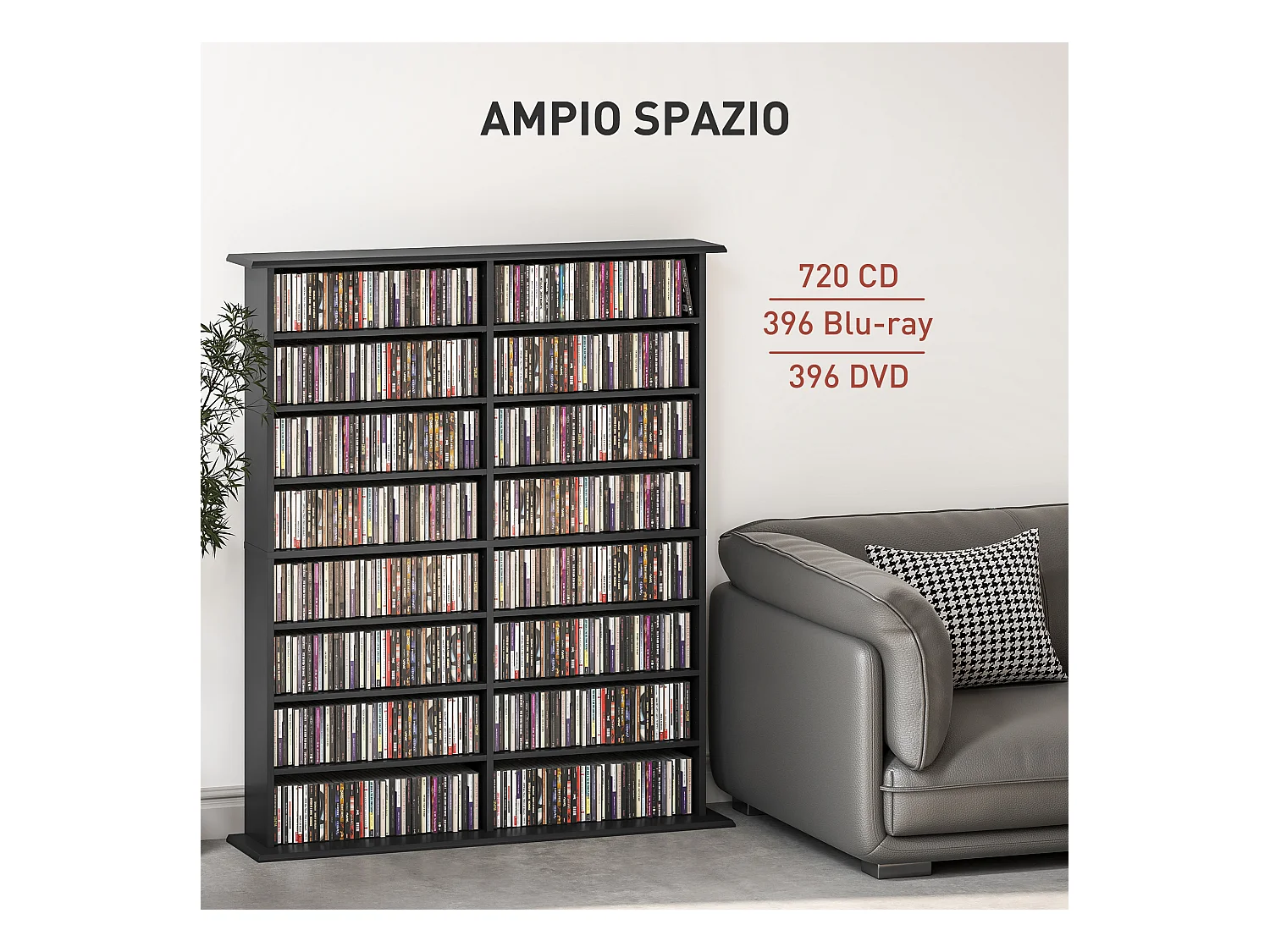 Mobile libreria a 16 ripiani per 720 cd in legno 106.5x24x123.7cm nero